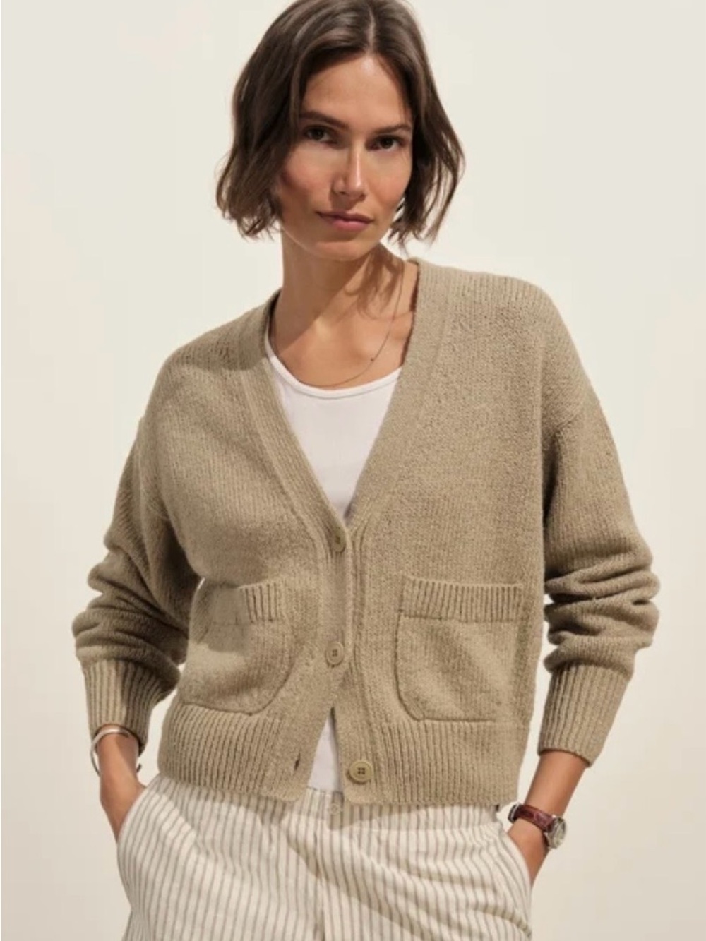 BUCK MASON Soft Spun Cotton Cardigan Women's Washed Khaki Medium